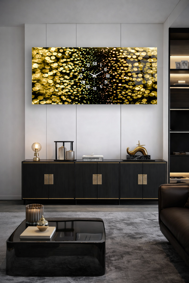 KIRILMAZ CAM DUVAR SAATİ, HEM TABLO HEM SAAT ALTIN IŞIK BOKEH LÜKS TASARIM EV OFİS HEDİYESİ