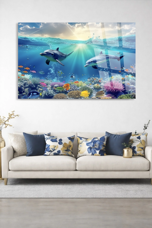 KIRILMAZ CAM TABLO OKYANUS DÜNYASI YUNUS BALIKLARI MERCAN RESİFİ TASARIMI