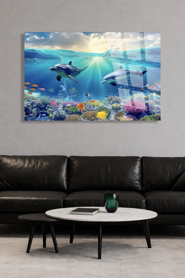 KIRILMAZ CAM TABLO OKYANUS DÜNYASI YUNUS BALIKLARI MERCAN RESİFİ TASARIMI