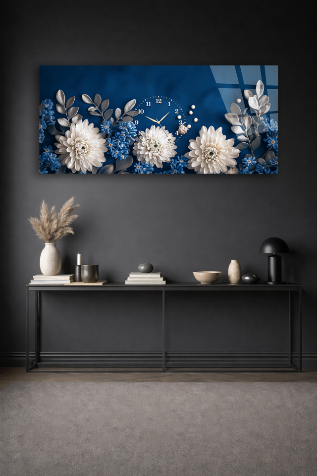 KIRILMAZ CAM DUVAR SAATİ , HEM TABLO HEM SAAT MAVİ BEYAZ ÇİÇEK DESENLİ EV OFİS HEDİYESİ