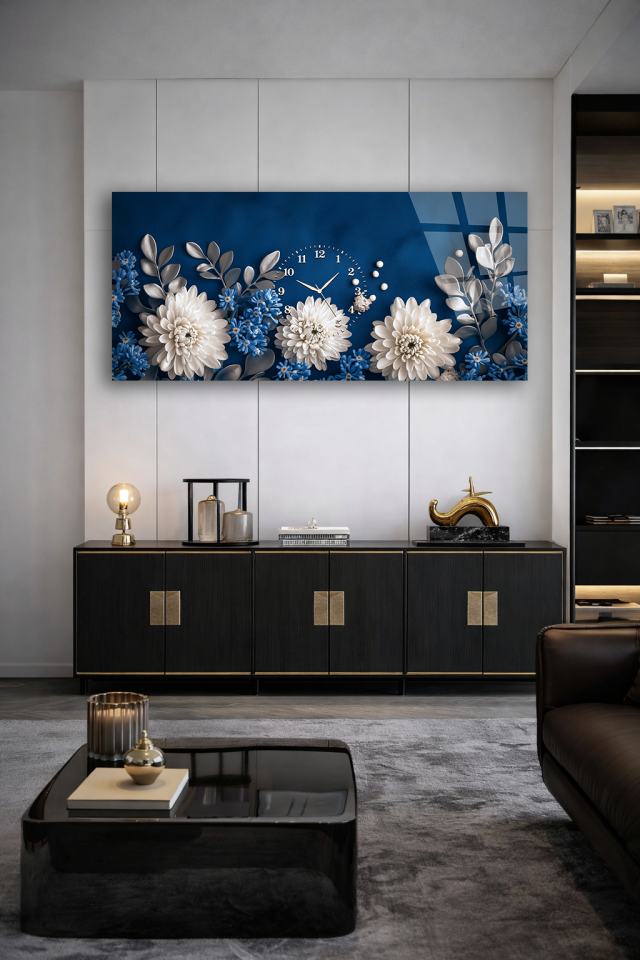 KIRILMAZ CAM DUVAR SAATİ , HEM TABLO HEM SAAT MAVİ BEYAZ ÇİÇEK DESENLİ EV OFİS HEDİYESİ