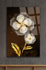 Gold Yapraklı Harika Çiçek Görseli Ultra Canlı Renkli Kırılmaz Cam Tablo Ev Hediyesi