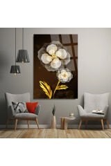 Gold Yapraklı Harika Çiçek Görseli Ultra Canlı Renkli Kırılmaz Cam Tablo Ev Hediyesi