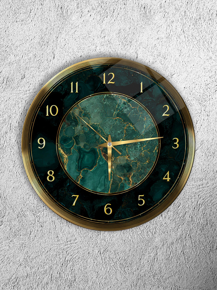 KIRILMAZ CAM DUVAR SAATİ,HEM TABLO HEM SAAT YEŞİL MERMER DOKU ALTIN ÇERÇEVELİ MODERN DEKORATİF SAAT EV OFİS HEDİYESİ