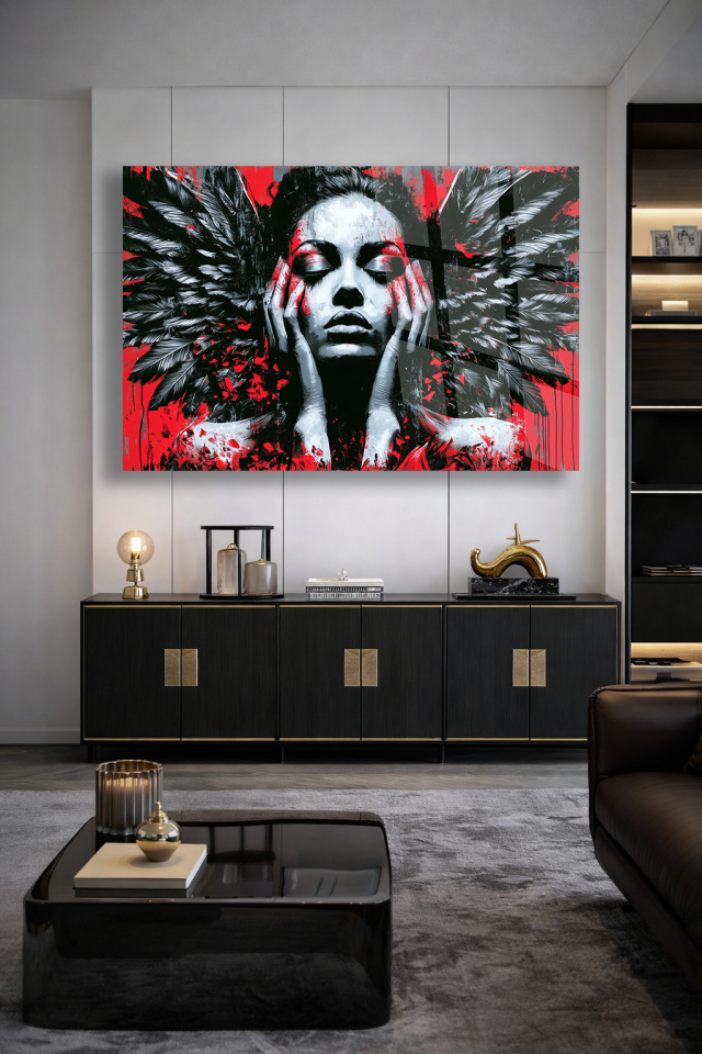 KIRMIZI SİYAH KANATLI KADIN FİGÜRLÜ POP ART CAM TABLO EV OFİS HEDİYESİ