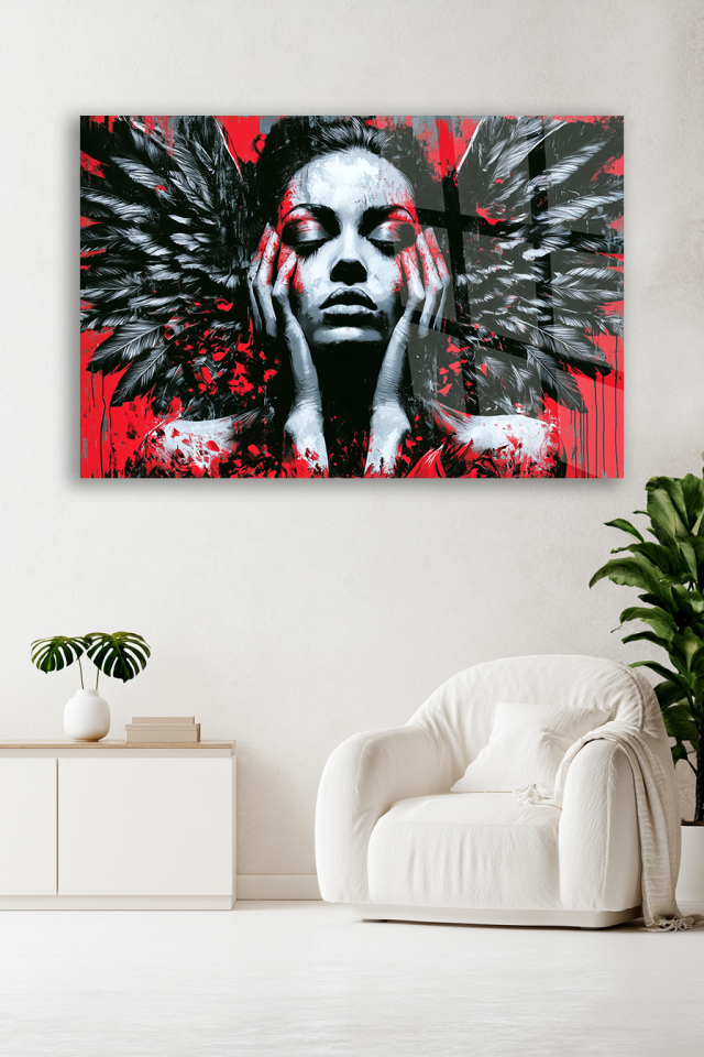 KIRMIZI SİYAH KANATLI KADIN FİGÜRLÜ POP ART CAM TABLO EV OFİS HEDİYESİ