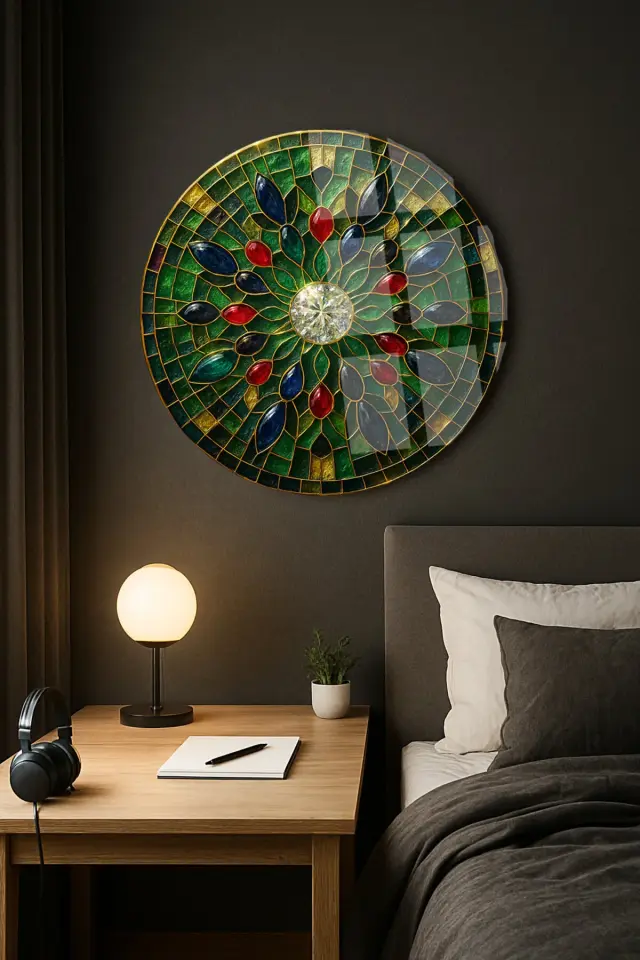 VİTRAY TEMALI ZÜMRÜT TAŞLI KIRILMAZ LÜKS CAM TABO EV İŞ YERİ OFİS HEDİYESİ ULTRA CANLI RENKLİ Yeşil