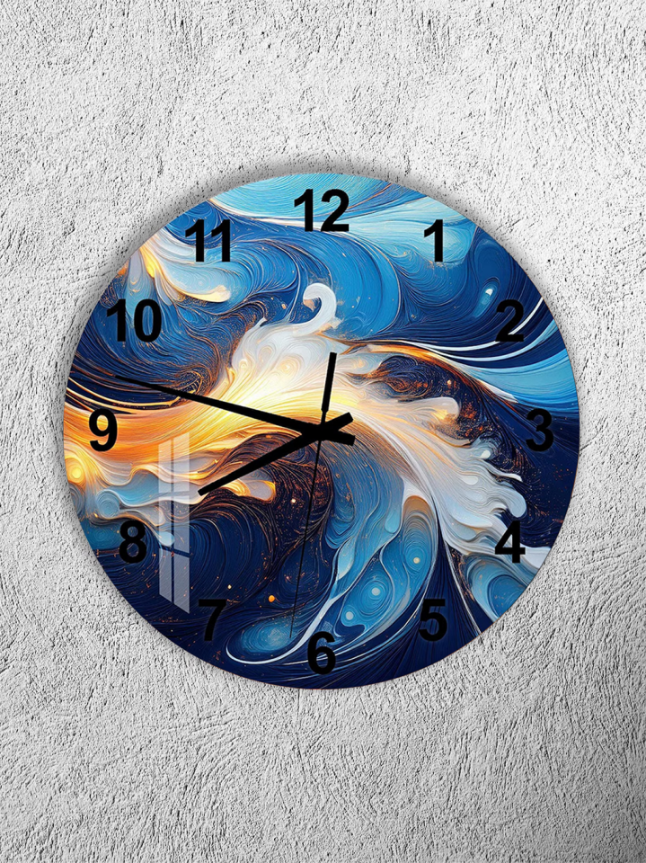 KIRILMAZ CAM DUVAR SAATİ, HEM TABLO HEM SAAT MAVİ ALTIN SOYUT DALGA MODERN EV OFİS HEDİYESİ