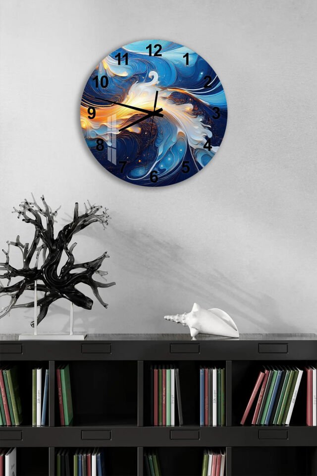 KIRILMAZ CAM DUVAR SAATİ, HEM TABLO HEM SAAT MAVİ ALTIN SOYUT DALGA MODERN EV OFİS HEDİYESİ
