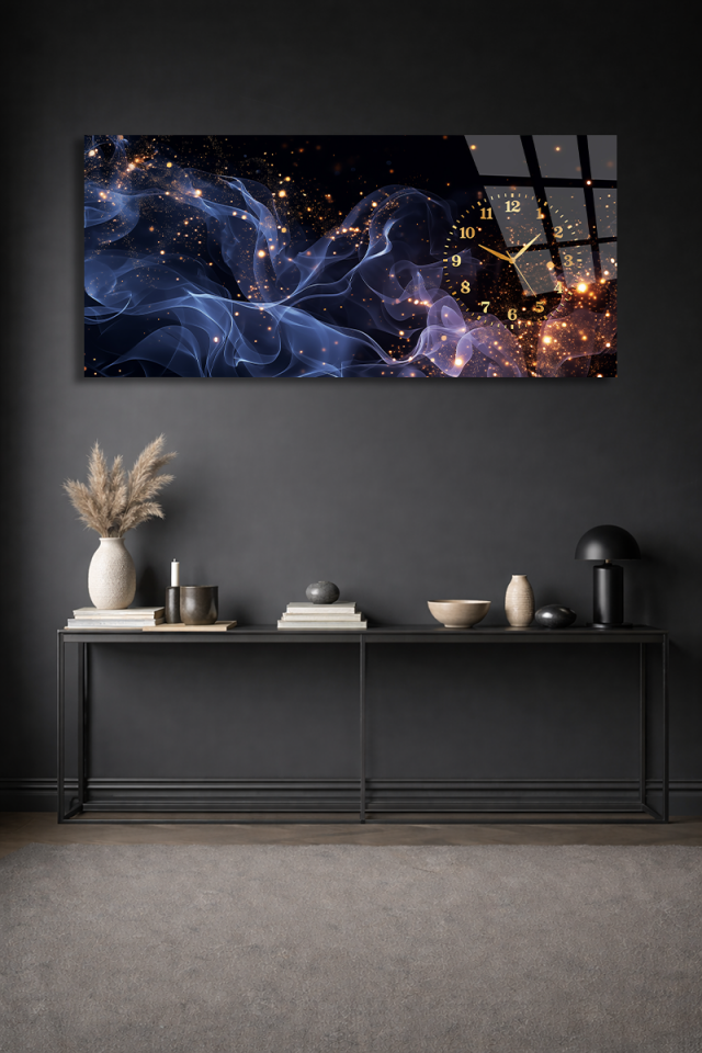 KIRILMAZ CAM DUVAR SAATİ , HEM TABLO HEM SAAT ALTIN IŞIKLI SİYAH SOYUT MODERN EV OFİS HEDİYESİ