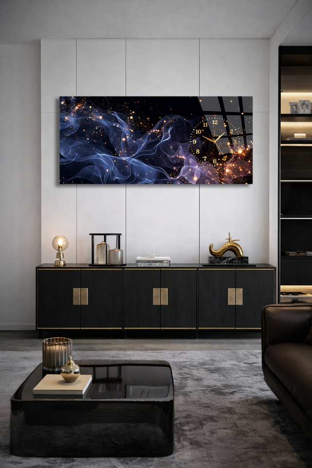 KIRILMAZ CAM DUVAR SAATİ , HEM TABLO HEM SAAT ALTIN IŞIKLI SİYAH SOYUT MODERN EV OFİS HEDİYESİ