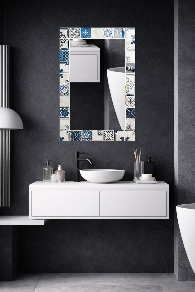 HEM TABLO HEM AYNA MAVİ ÇİNİ DESENLİ CAM DUVAR AYNASI EV DEKORU