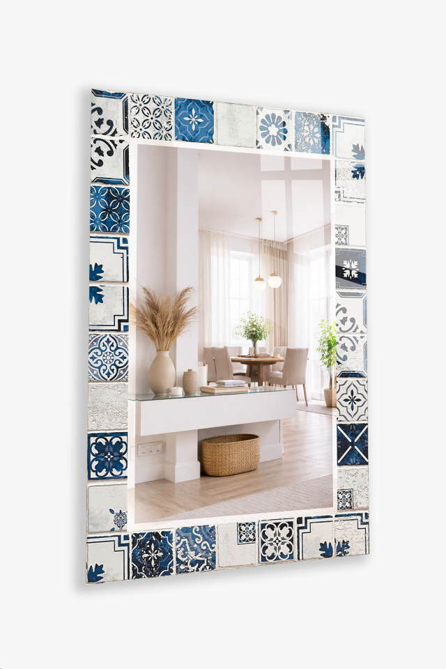 HEM TABLO HEM AYNA MAVİ ÇİNİ DESENLİ CAM DUVAR AYNASI EV DEKORU