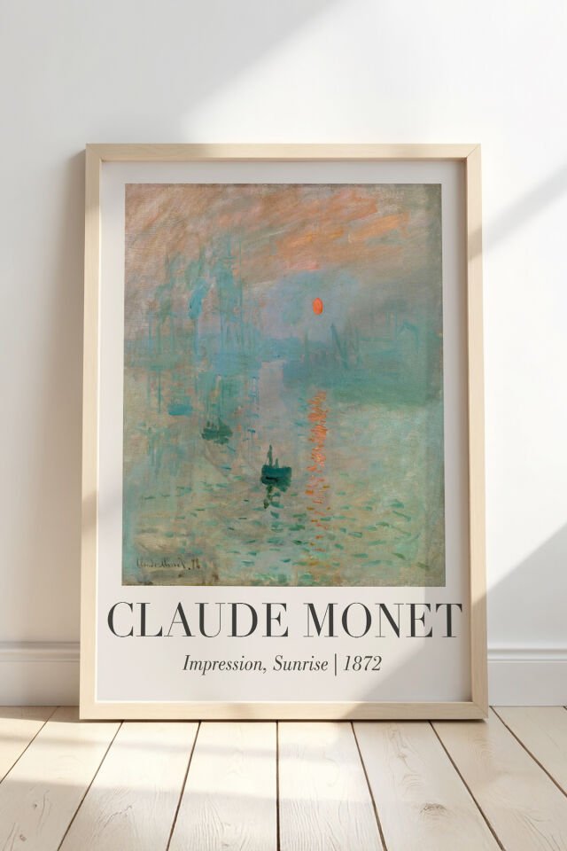 DOĞAL AHŞAP - Claude Monet İzlenim, Gün Doğumu Vintage Doğal Ahşap Çerçeveli Duvar Tablosu