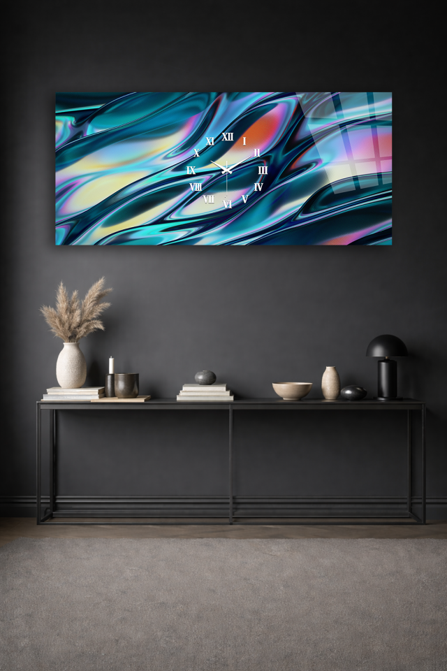 KIRILMAZ CAM DUVAR SAATİ , HEM TABLO HEM SAAT MODERN SOYUT RENK DALGA TASARIM EV OFİS HEDİYESİ