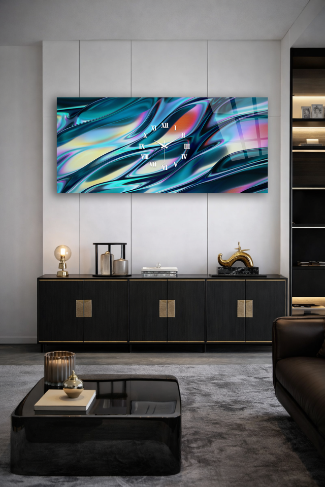 KIRILMAZ CAM DUVAR SAATİ , HEM TABLO HEM SAAT MODERN SOYUT RENK DALGA TASARIM EV OFİS HEDİYESİ