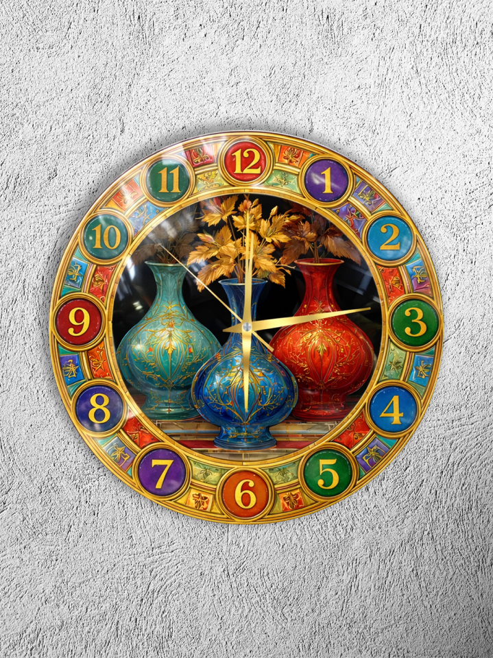 KIRILMAZ CAM DUVAR SAATİ, HEM TABLO HEM SAAT OSMANLI ÇİNİ VAZO DESENLİ RENKLİ SANATSAL TASARIM EV OFİS HEDİYESİ