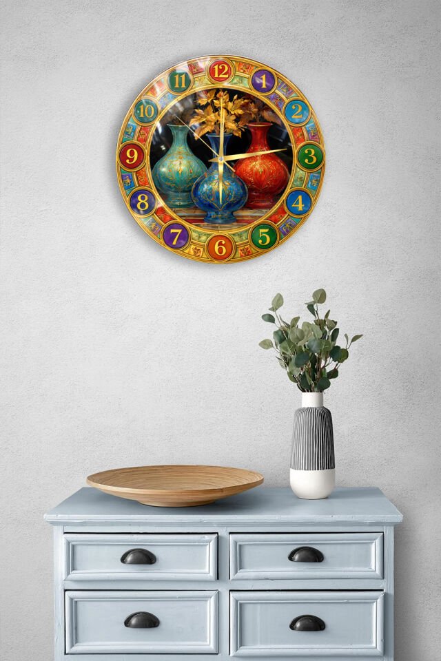 KIRILMAZ CAM DUVAR SAATİ, HEM TABLO HEM SAAT OSMANLI ÇİNİ VAZO DESENLİ RENKLİ SANATSAL TASARIM EV OFİS HEDİYESİ