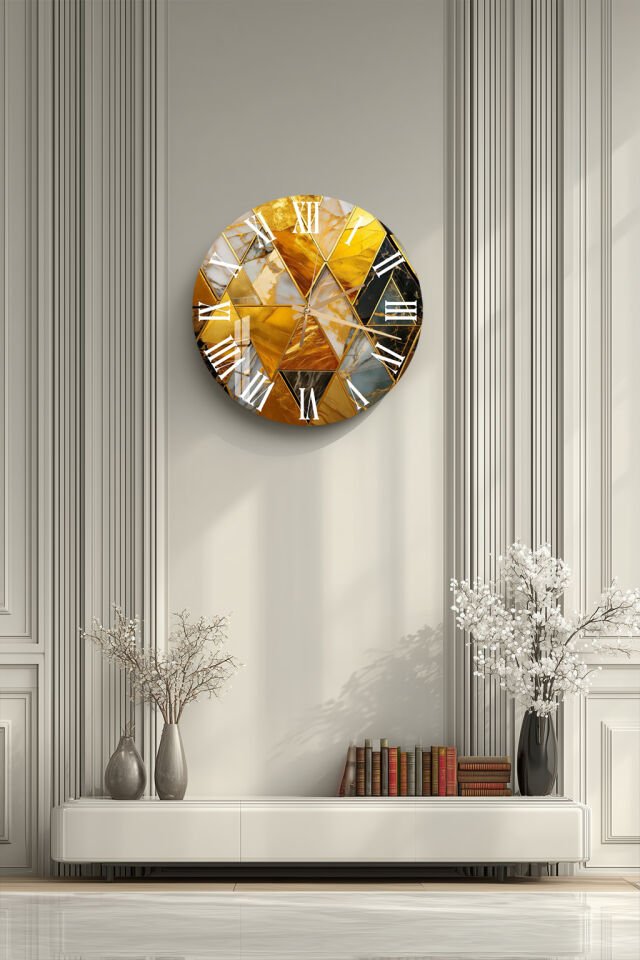 KIRILMAZ CAM DUVAR SAATİ, HEM TABLO HEM SAAT ALTIN MERMER DESENLİ LÜKS MODERN TASARIM EV OFİS HEDİYESİ