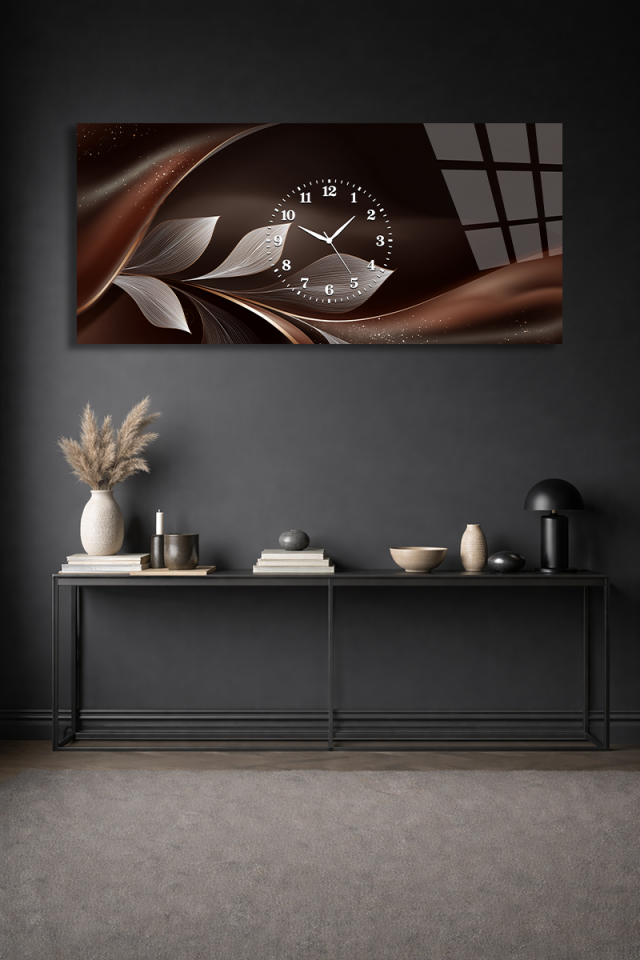 KIRILMAZ CAM DUVAR SAATİ , HEM TABLO HEM SAAT KAHVERENGİ SOYUT DALGA ŞIK DEKOR EV OFİS HEDİYESİ