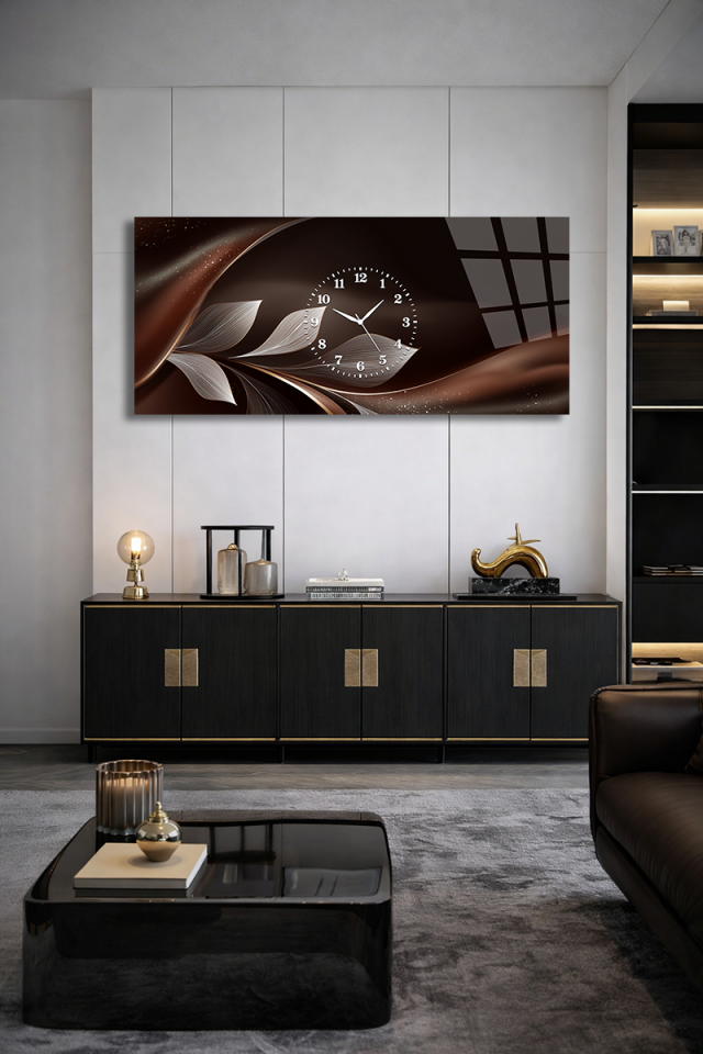 KIRILMAZ CAM DUVAR SAATİ , HEM TABLO HEM SAAT KAHVERENGİ SOYUT DALGA ŞIK DEKOR EV OFİS HEDİYESİ