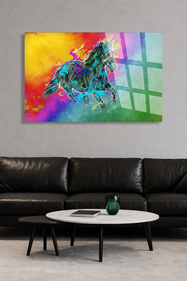 KIRILMAZ CAM TABLO RENKLİ KOŞAN AT SOYUT SANAT MODERN DUVAR TASARIMI