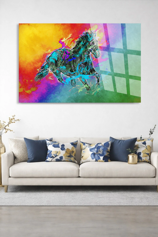 KIRILMAZ CAM TABLO RENKLİ KOŞAN AT SOYUT SANAT MODERN DUVAR TASARIMI