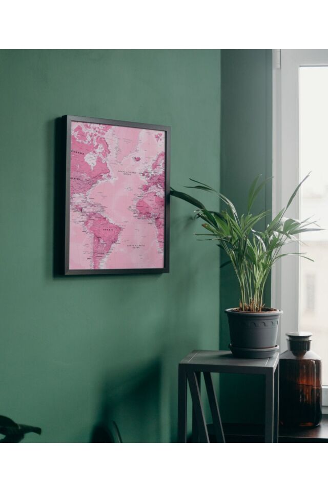 Çok Renkli - Pembe Kısmi Dünya Haritası Pinterest Poster Çerçeveli Yüksek Kalite Dekorasyon Tasarım Tablo