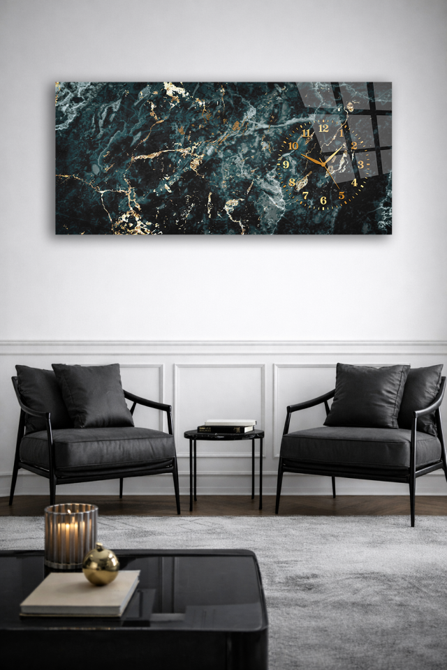 KIRILMAZ CAM DUVAR SAATİ , HEM TABLO HEM SAAT YEŞİL MERMER ALTIN DAMARLI EV OFİS HEDİYESİ