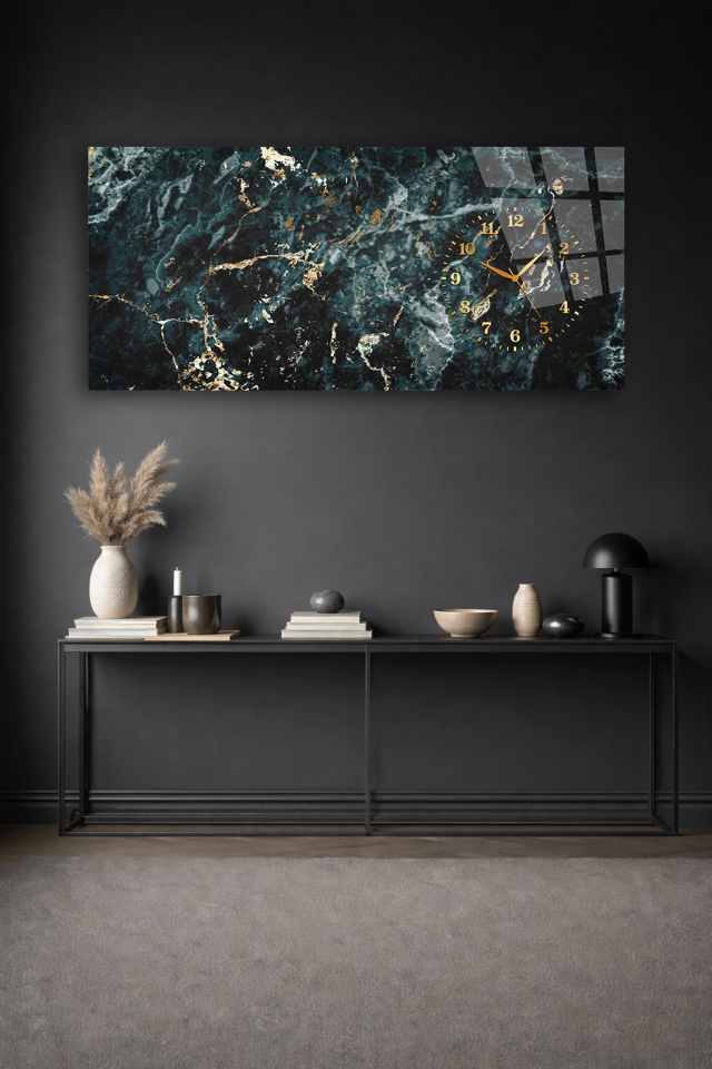 KIRILMAZ CAM DUVAR SAATİ , HEM TABLO HEM SAAT YEŞİL MERMER ALTIN DAMARLI EV OFİS HEDİYESİ