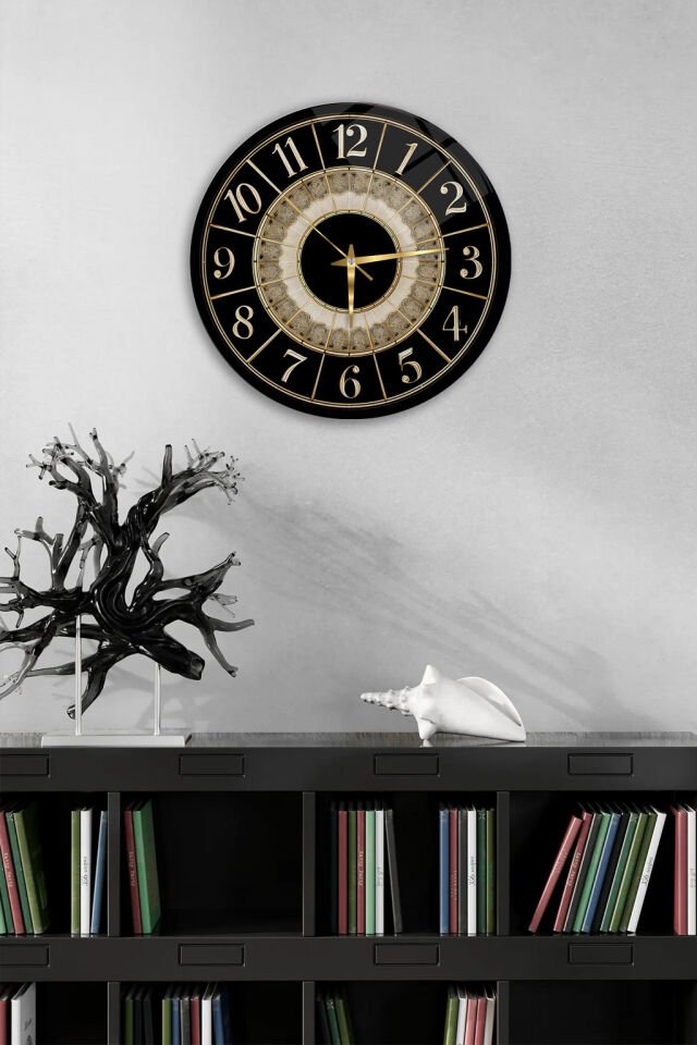 KIRILMAZ CAM DUVAR SAATİ, HEM TABLO HEM SAAT SİYAH ZEMİN GOLD KLASİK ROMA RAKAMLI LÜKS TASARIM EV OFİS HEDİYESİ