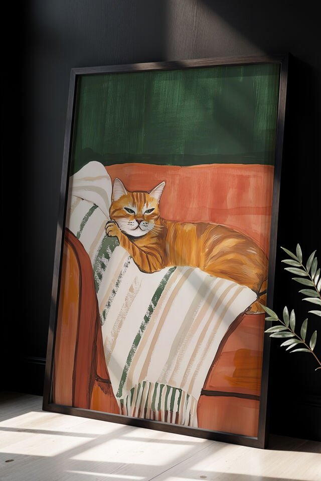 SİYAH - Soyut Kedi Sanatı Ahşap Çerçeveli Duvar Kedi Tablosu