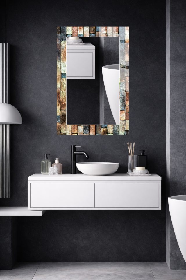 HEM TABLO HEM AYNA DOĞAL TAŞ DOKULU CAM DUVAR AYNASI EV DEKORU