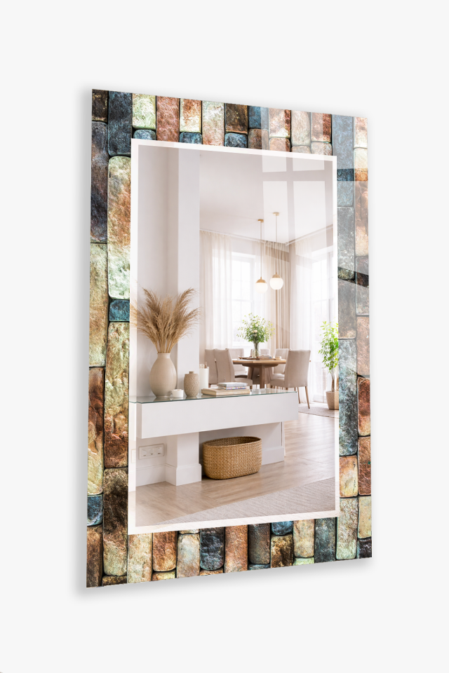 HEM TABLO HEM AYNA DOĞAL TAŞ DOKULU CAM DUVAR AYNASI EV DEKORU