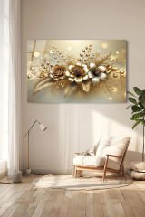 GOLD ÇİÇEKLER YATAY TABLO GÖRSELİ ULTRA CANLI RENKLİ KIRILMAZ CAM TABLO EV HEDİYESİ