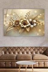 GOLD ÇİÇEKLER YATAY TABLO GÖRSELİ ULTRA CANLI RENKLİ KIRILMAZ CAM TABLO EV HEDİYESİ