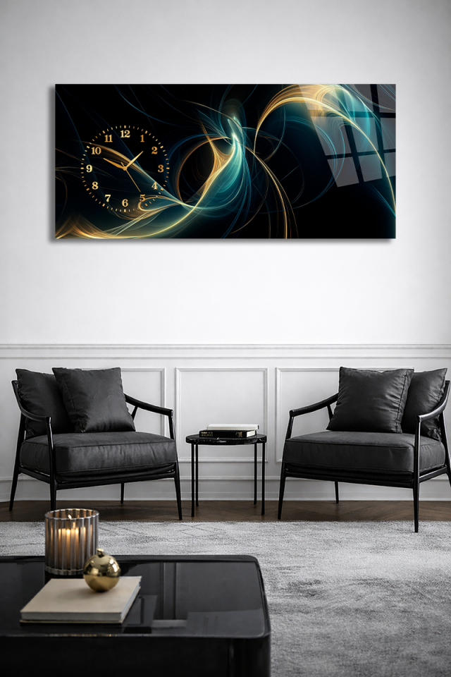 KIRILMAZ CAM DUVAR SAATİ , HEM TABLO HEM SAAT LACİVERT ALTIN AKIŞ SOYUT SANAT EV OFİS HEDİYESİ