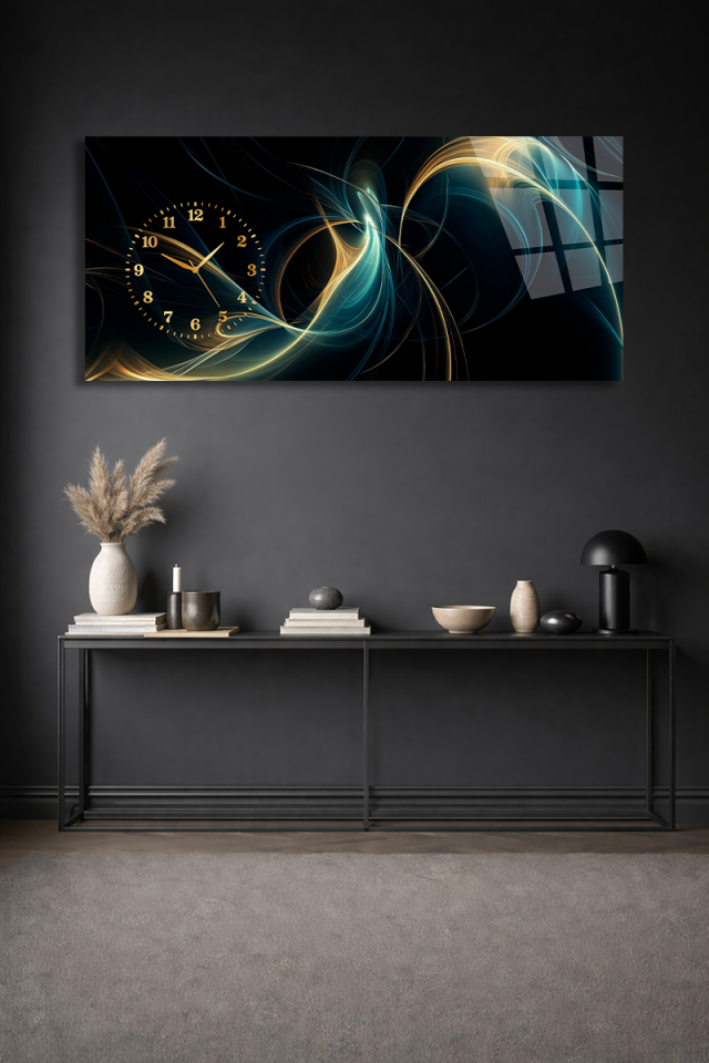 KIRILMAZ CAM DUVAR SAATİ , HEM TABLO HEM SAAT LACİVERT ALTIN AKIŞ SOYUT SANAT EV OFİS HEDİYESİ