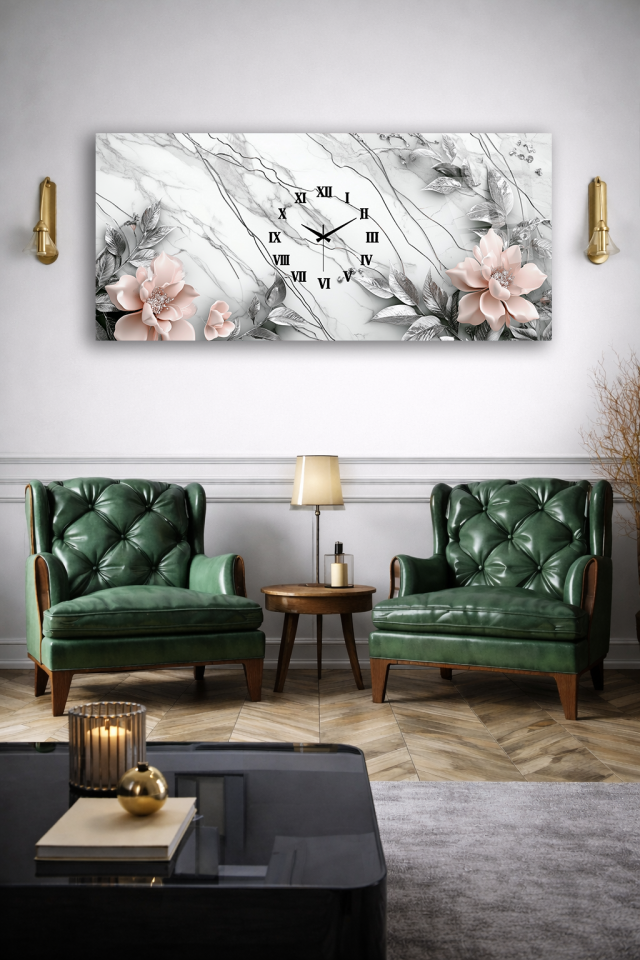 KIRILMAZ CAM DUVAR SAATİ , HEM TABLO HEM SAAT BEYAZ MERMER ÇİÇEK DETAYLI EV OFİS HEDİYESİ