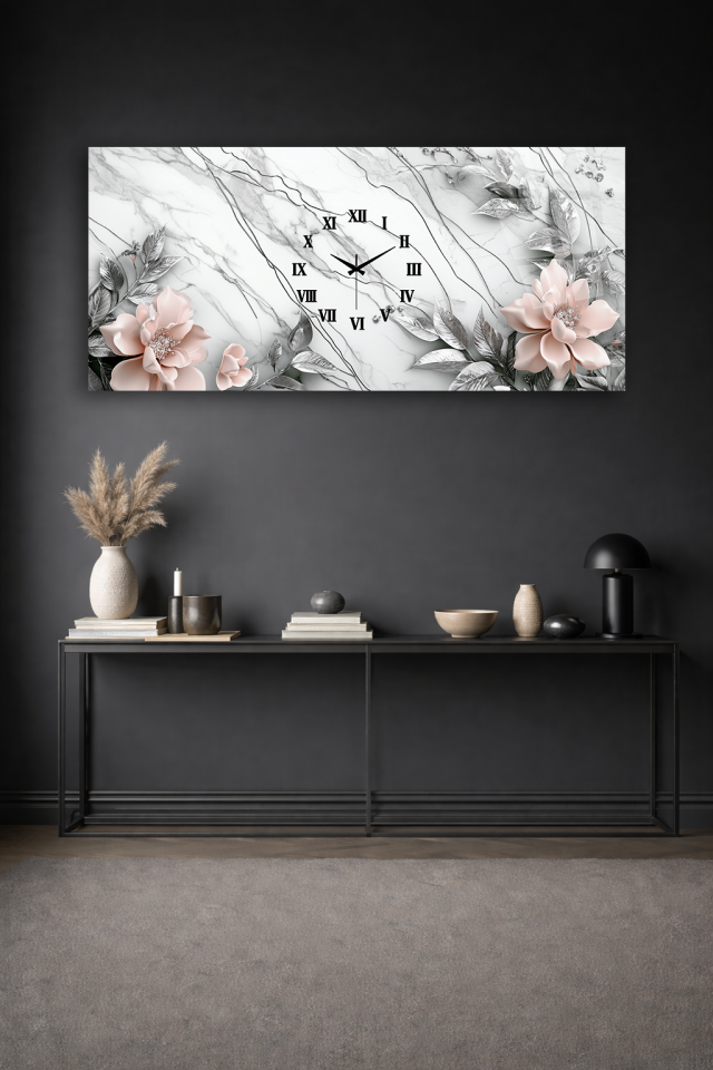 KIRILMAZ CAM DUVAR SAATİ , HEM TABLO HEM SAAT BEYAZ MERMER ÇİÇEK DETAYLI EV OFİS HEDİYESİ