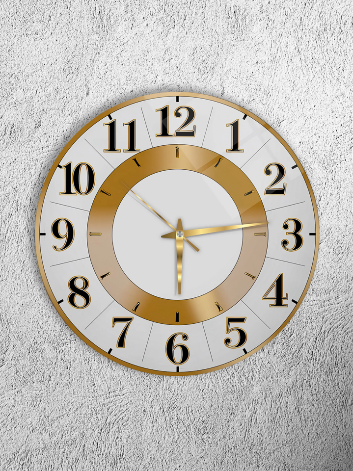 KIRILMAZ CAM DUVAR SAATİ, HEM TABLO HEM SAAT BEYAZ ZEMİN GOLD HALKALI MODERN MİNİMAL TASARIM EV OFİS HEDİYESİ