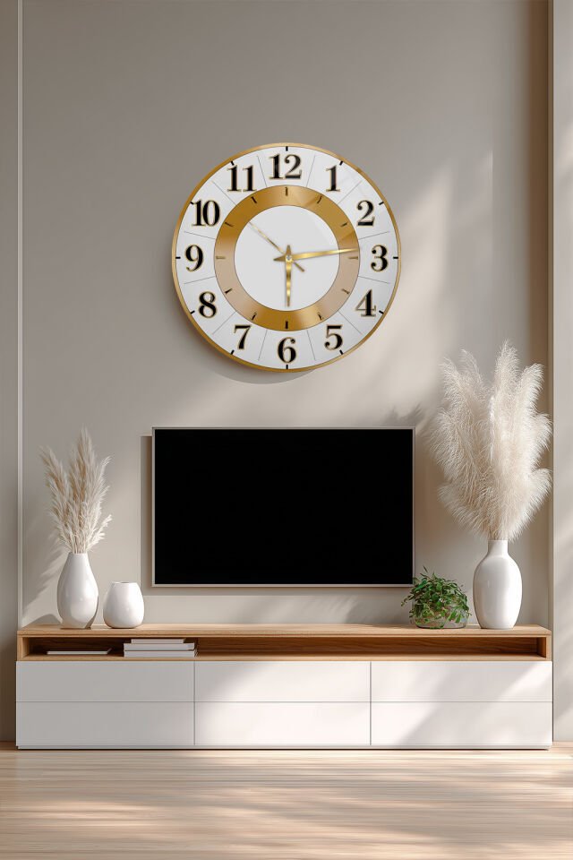 KIRILMAZ CAM DUVAR SAATİ, HEM TABLO HEM SAAT BEYAZ ZEMİN GOLD HALKALI MODERN MİNİMAL TASARIM EV OFİS HEDİYESİ