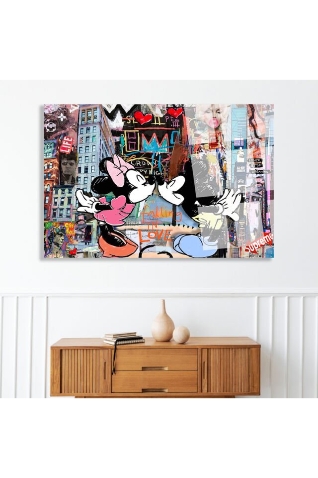 Mickey Mouse Love Temalı Ultra Canlı Renkli Cam Tablo Kırılmaz Cam Tablo Animasyon Sevgili Aşk Tema Siyah