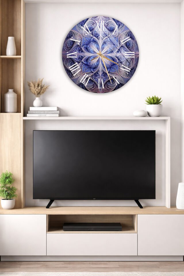 KIRILMAZ CAM DUVAR SAATİ, HEM TABLO HEM SAAT MAVİ FRAKTAL SOYUT DESEN MODERN EV OFİS HEDİYESİ