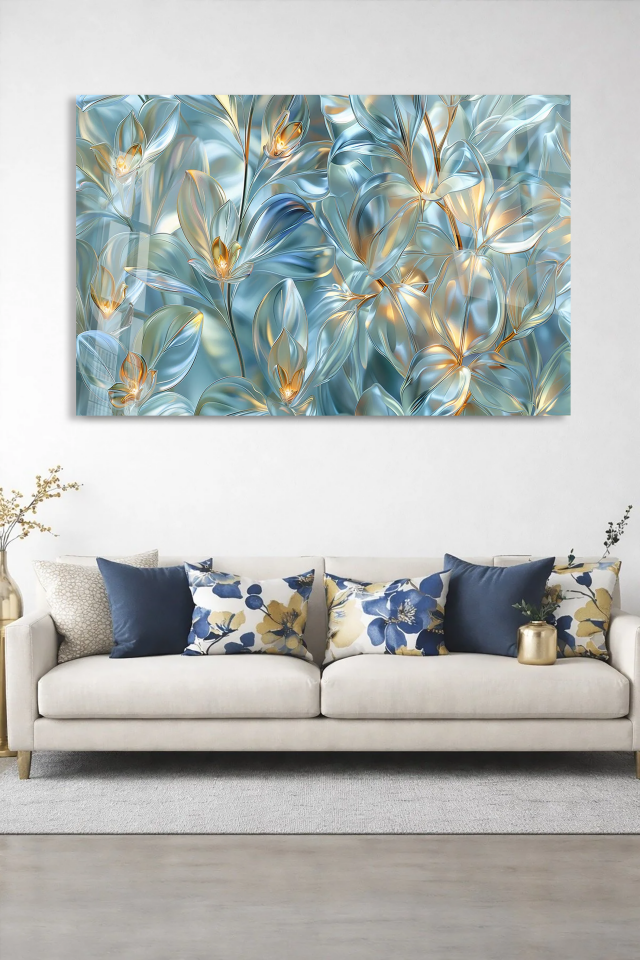 KIRILMAZ CAM TABLO MAVİ ALTIN ŞEFFAF ÇİÇEKLER LÜKS SOYUT DOĞA TASARIMI