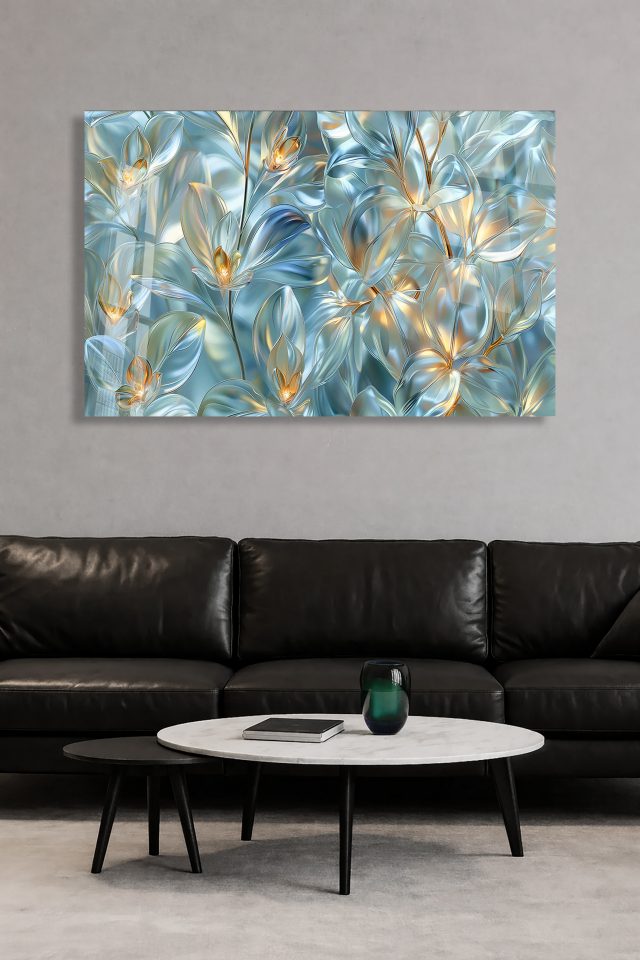 KIRILMAZ CAM TABLO MAVİ ALTIN ŞEFFAF ÇİÇEKLER LÜKS SOYUT DOĞA TASARIMI