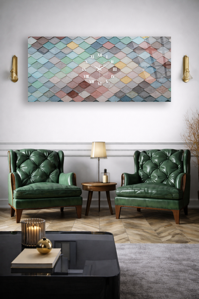 KIRILMAZ CAM DUVAR SAATİ , HEM TABLO HEM SAAT PASTEL GEOMETRİK DESEN MODERN TASARIM EV OFİS HEDİYESİ