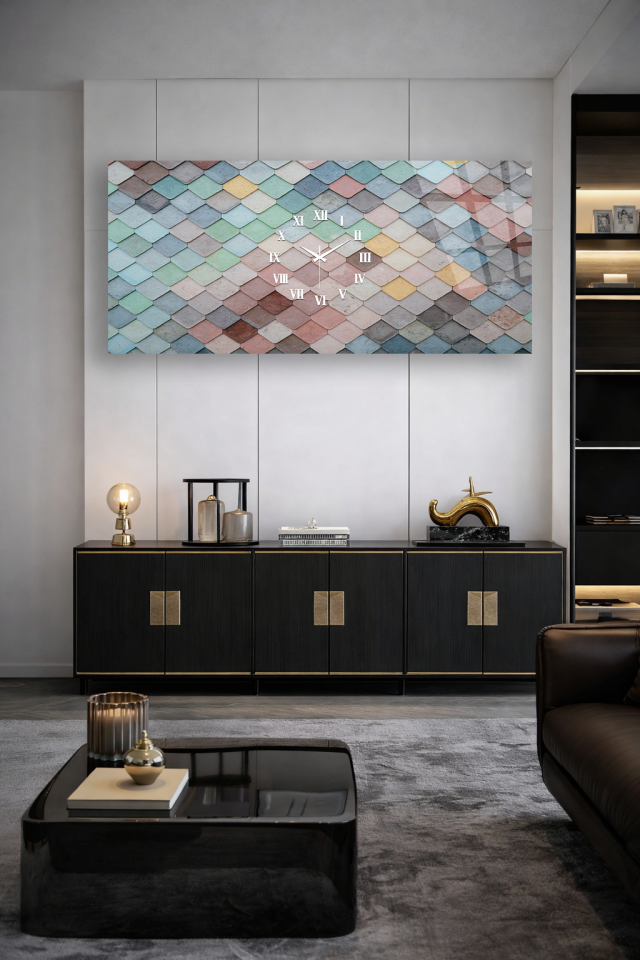 KIRILMAZ CAM DUVAR SAATİ , HEM TABLO HEM SAAT PASTEL GEOMETRİK DESEN MODERN TASARIM EV OFİS HEDİYESİ