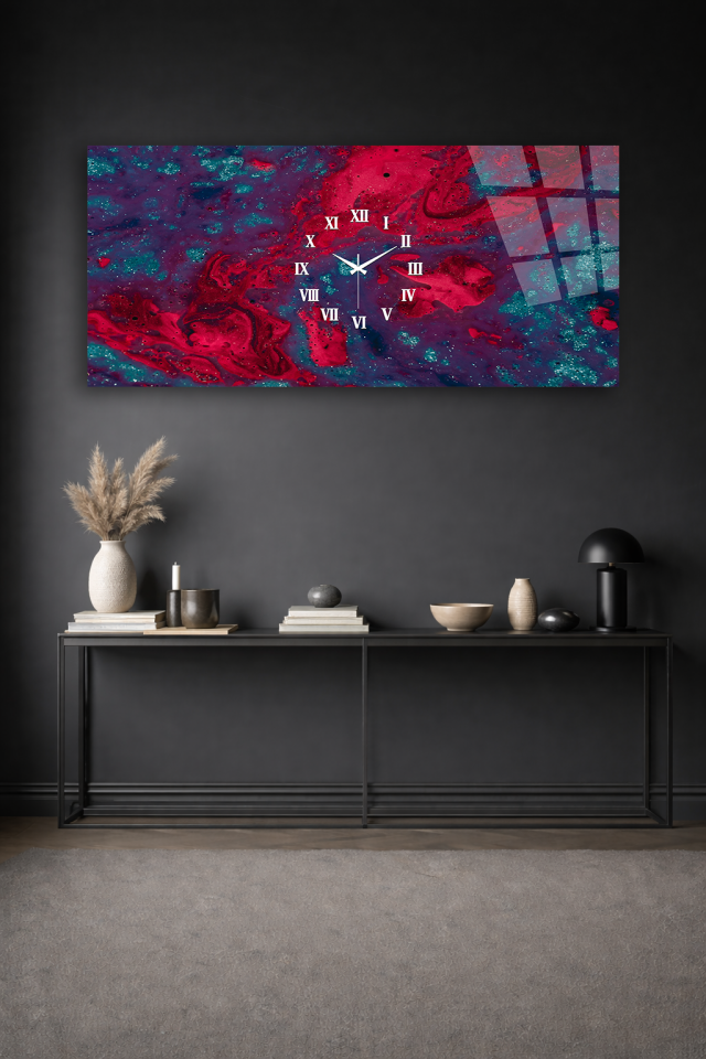 KIRILMAZ CAM DUVAR SAATİ , HEM TABLO HEM SAAT KIRMIZI TURKUAZ SOYUT DESEN EV OFİS HEDİYESİ