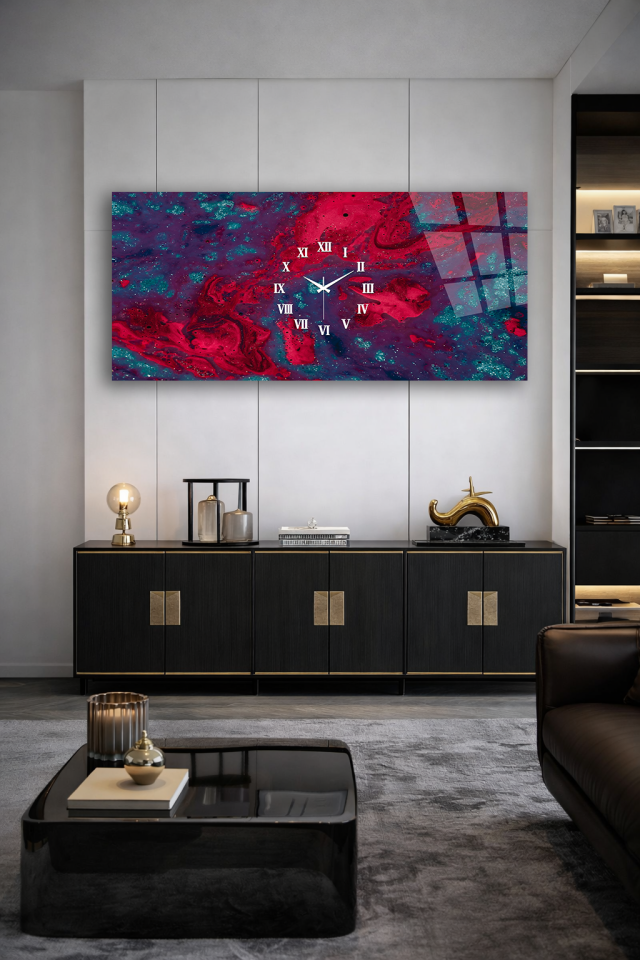 KIRILMAZ CAM DUVAR SAATİ , HEM TABLO HEM SAAT KIRMIZI TURKUAZ SOYUT DESEN EV OFİS HEDİYESİ